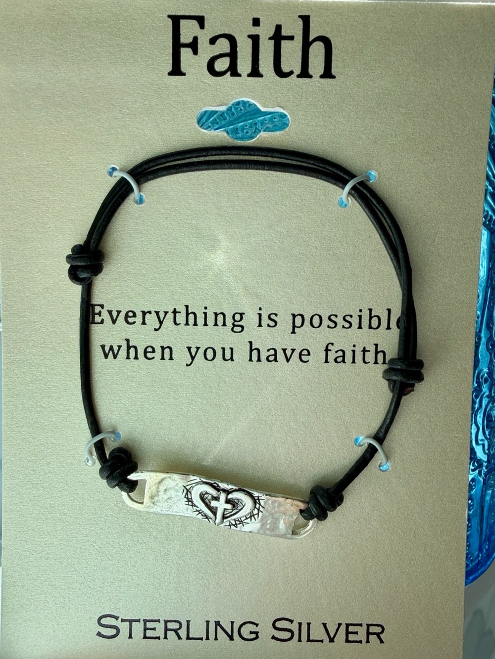 Faith Sterling Silver Leather Cord Bracelet